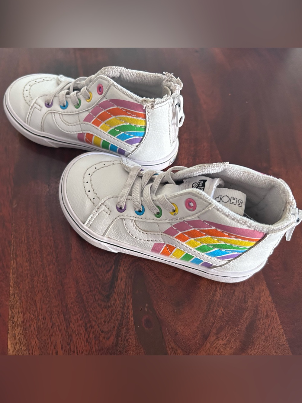 Vans Kids White High-Top Sneakers with Rainbow Side Stripes